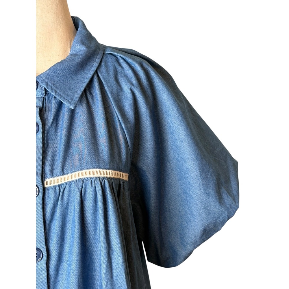 En Saison Tara Tiered Cotton Trapeez Shirtdress Women Medium Blue Mini Bohoi - Picture 4 of 11